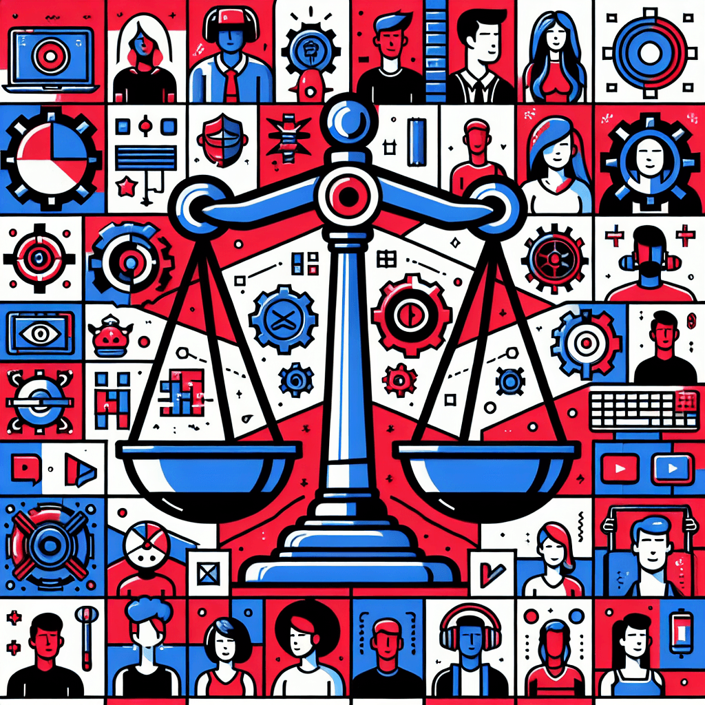 유튜브 정책 변경과 표현의 자유 대 사회적 책임의 균형을 나타내는 이미지