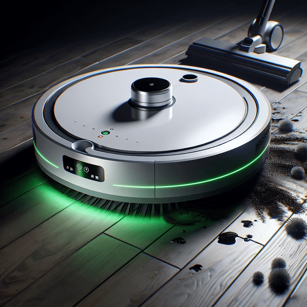 다이슨 스팟+스크럽 AI 로봇청소기가 녹색 레이저로 바닥 얼룩을 감지하는 모습